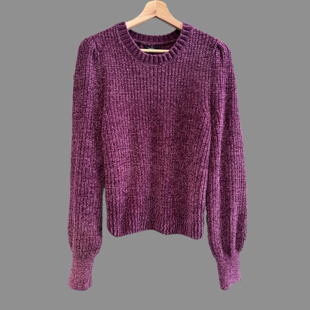 So Soft Chenille Sweater Lilac Purple Puffed Sleeve Long Knitted Crewneck